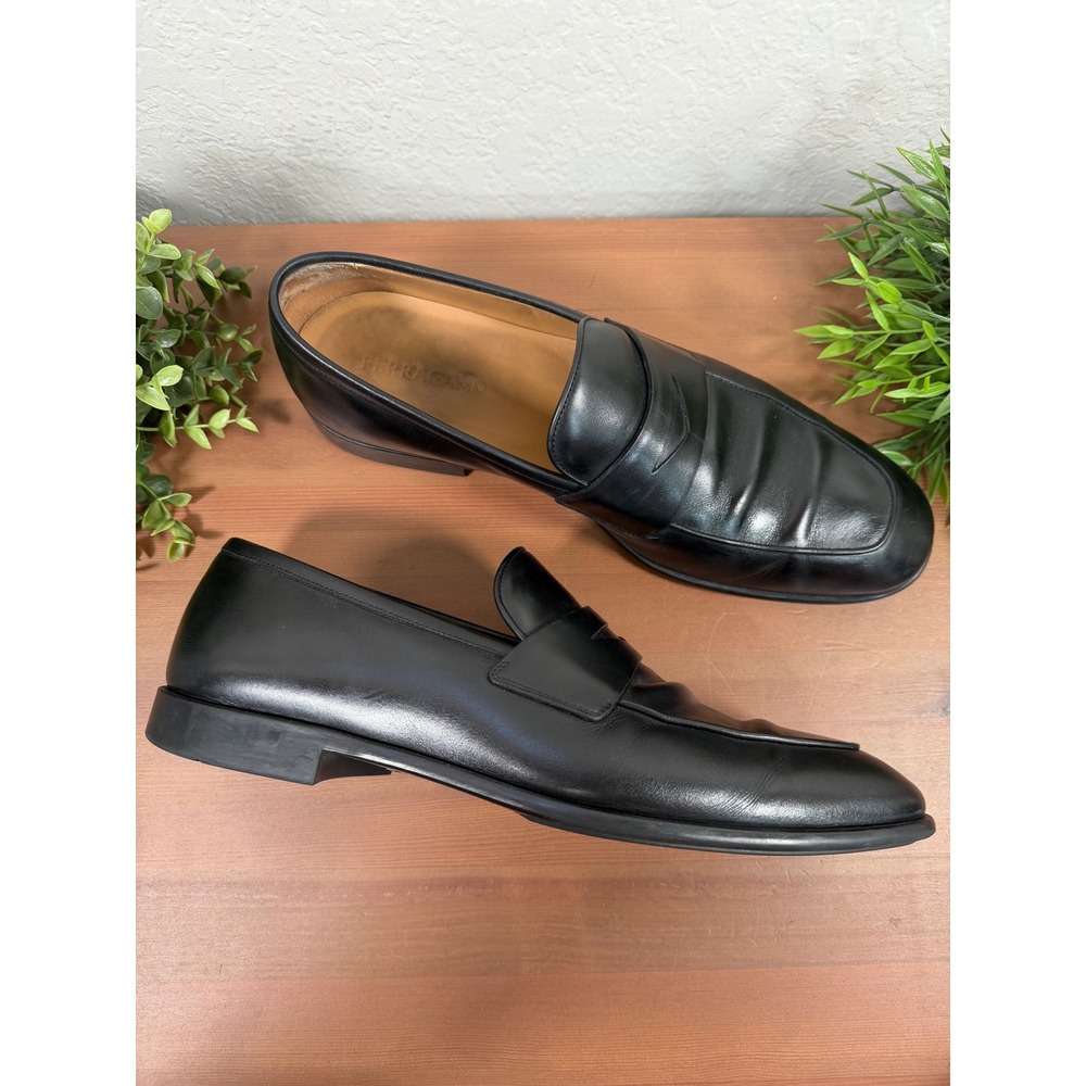 Salvatore Ferragamo Mens Penny Loafers Black Leather Slip On Shoes Size 10 EE